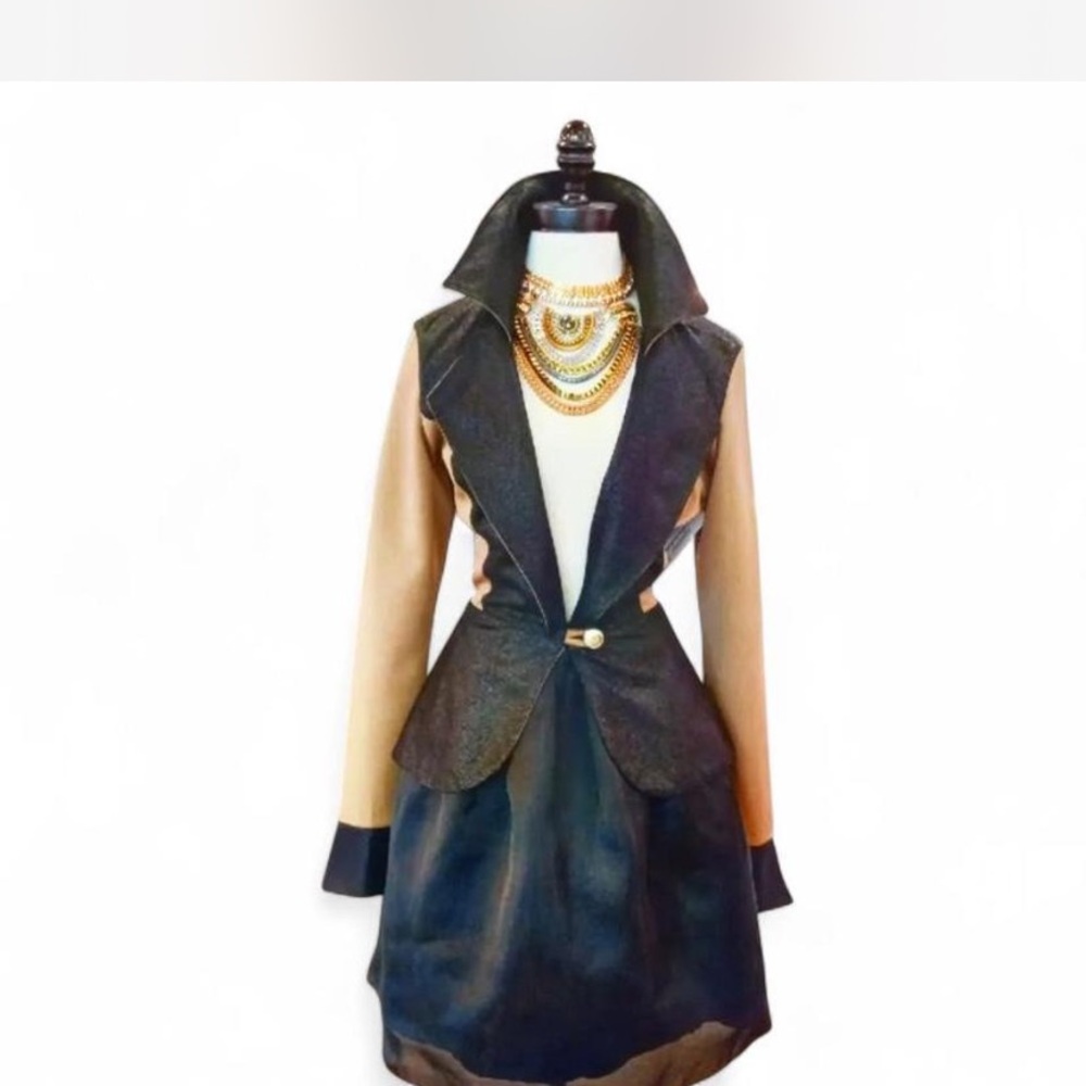 Chic Black  Faux Leather and Carmel Blazer with Gold Accents.